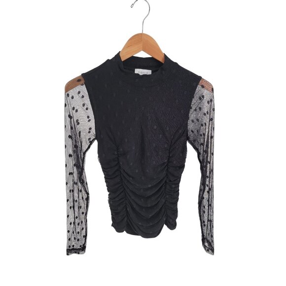 Evereve Black Ruched Mesh Dot Top | Sheer Sleeve Mock Neck | Size Small - Picture 3 of 12